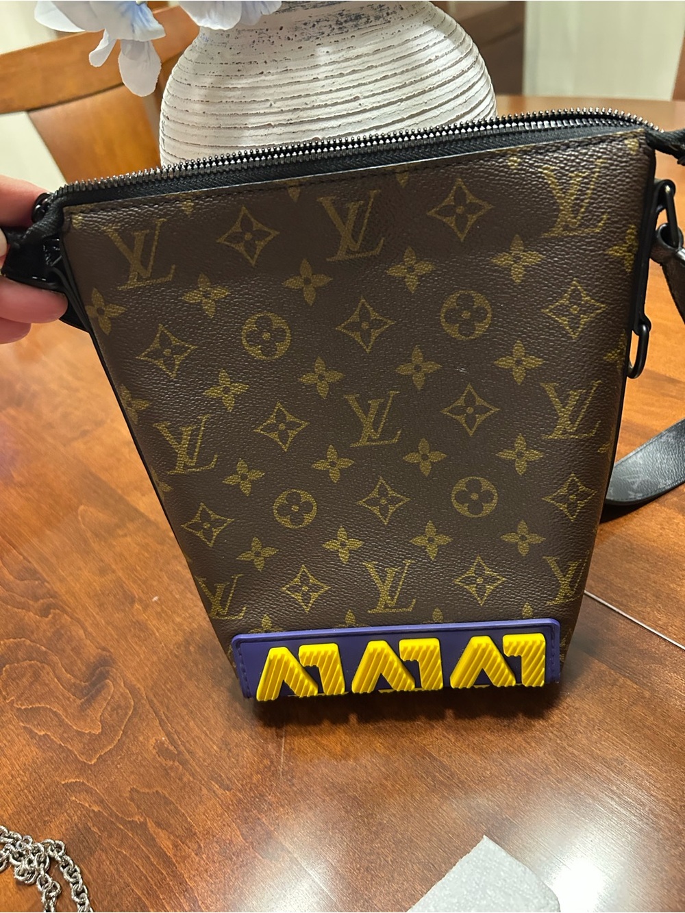 Authentic Louis Vuitton Brown Monogram Canvas Messenger Bag with Purple & Yellow